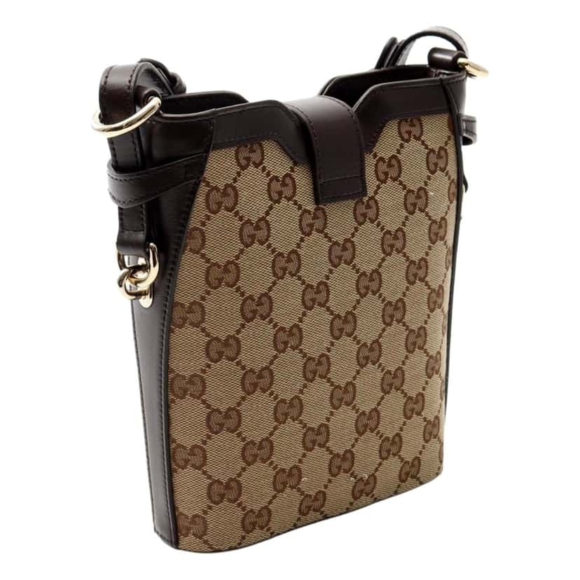 Gucci Gucci Original GG Canvas Beige Brown Webstripe Mini Bucket Bag Brown Leather Never worn - Back View