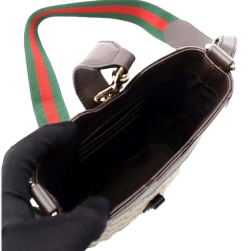 Gucci Gucci Original GG Canvas Beige Brown Webstripe Mini Bucket Bag Brown Leather Never worn - Inside View