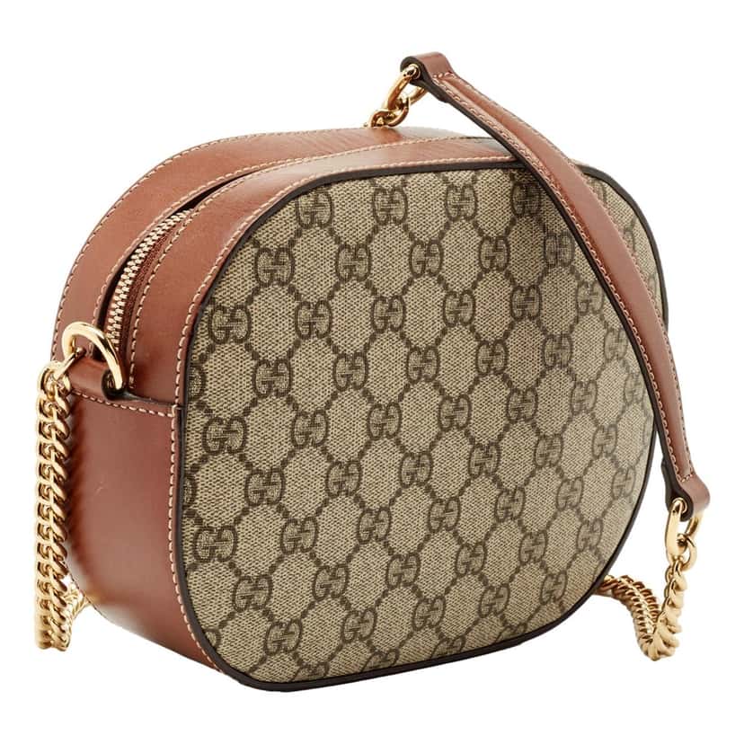 Gucci Gucci GG Supreme Canvas Mini Oval Chain Crossbody Bag Brown Leather Trim Brown Leather Never worn - Back View