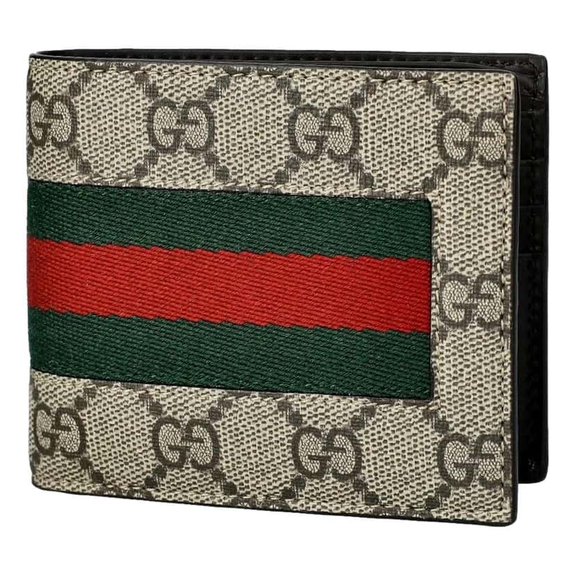 Gucci Gucci GG Supreme Canvas Web Stripe Bifold Wallet Brown Leather Never worn - Model View