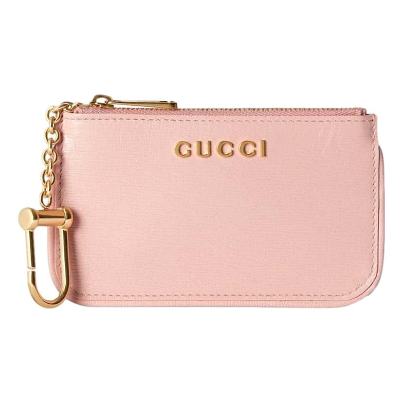 Gucci Gucci Zip Key Case Pink Leather Card Holder Gold Logo Script Pink Leather Never worn - Front View