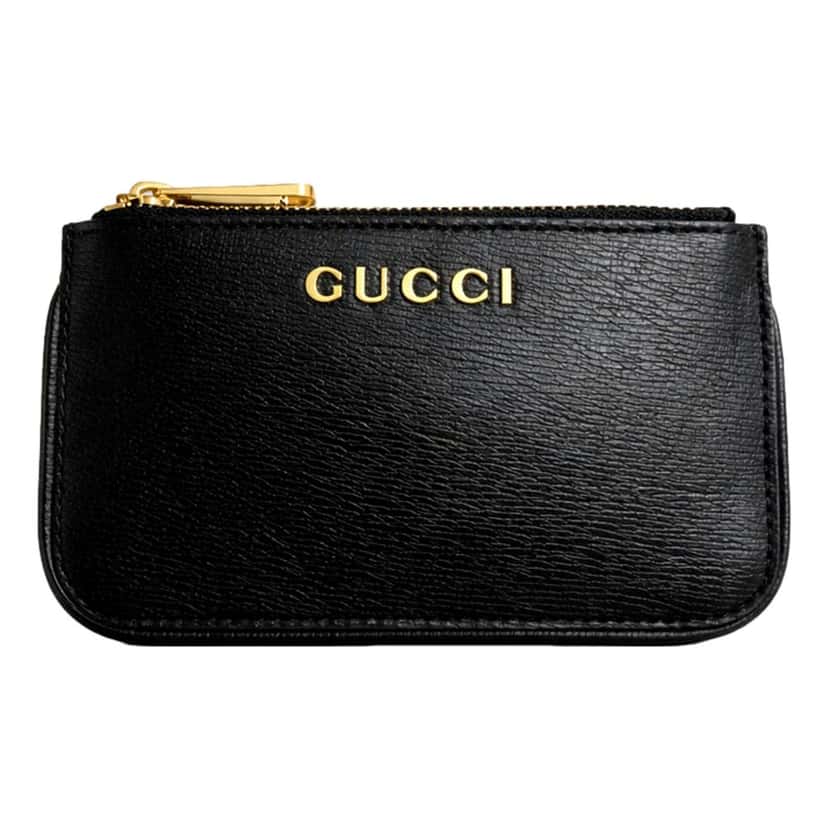 Gucci Gucci Zip Key Case Black Leather Card Holder Gold Logo Script Black Leather Never worn - Front View