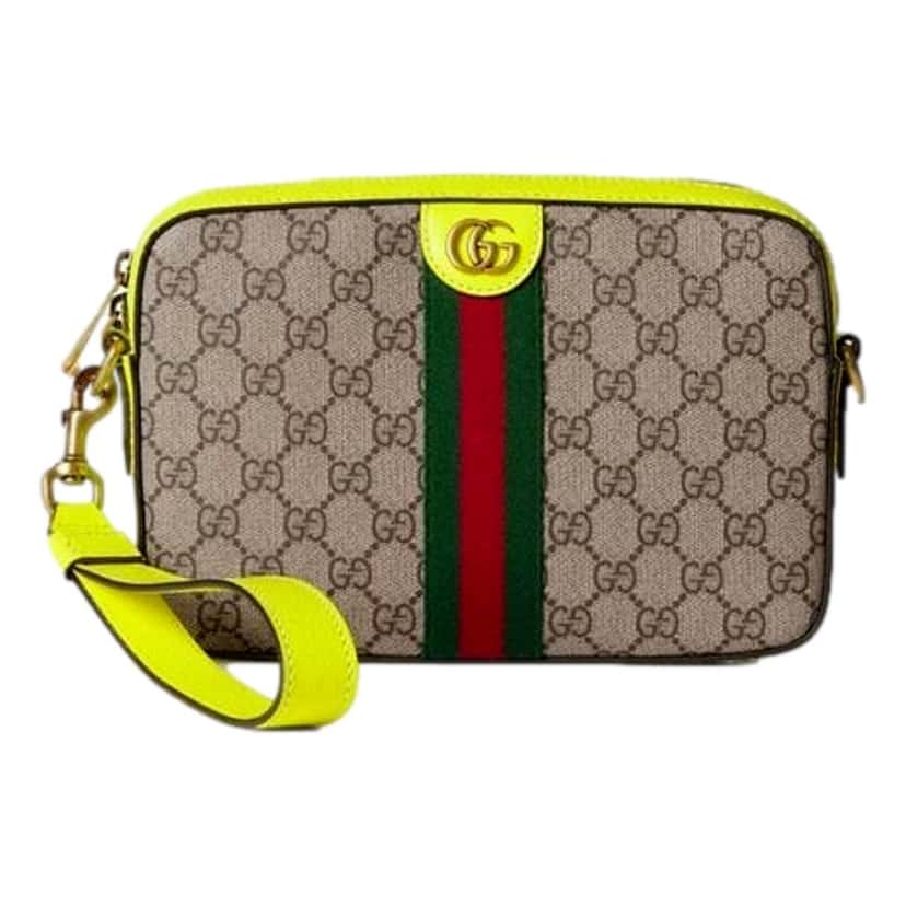 Gucci Gucci GG Supreme Canvas Ophidia Small Crossbody Web Stripe Neon Yellow Brown Leather Never worn - Back View