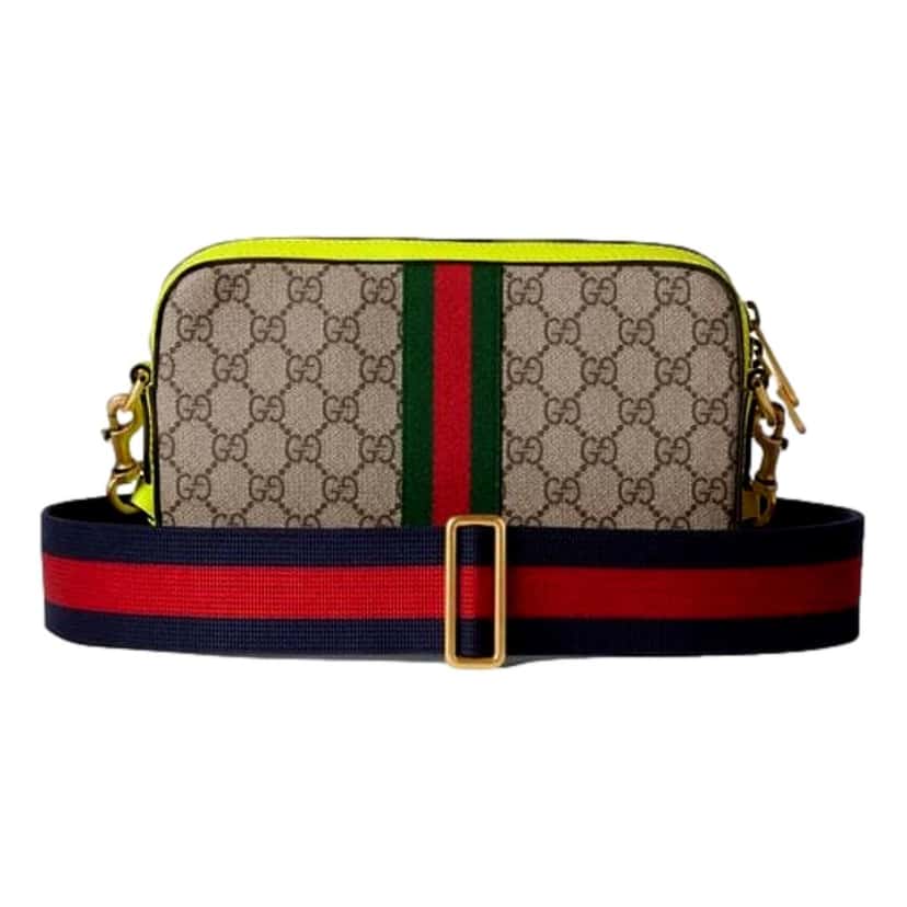 Gucci Gucci GG Supreme Canvas Ophidia Small Crossbody Web Stripe Neon Yellow Brown Leather Never worn - Inside View