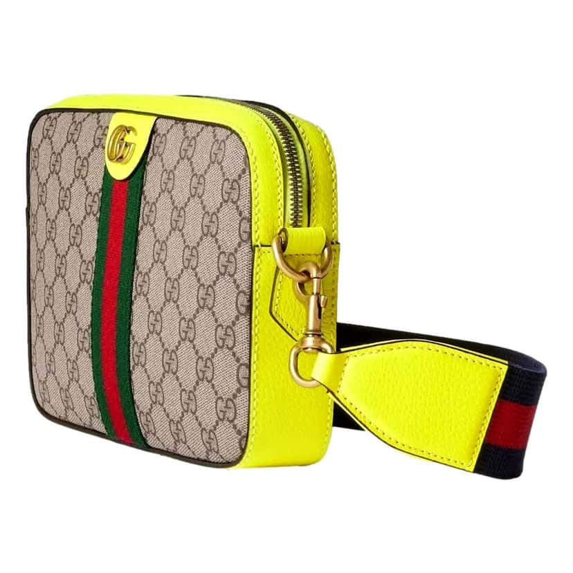 Gucci Gucci GG Supreme Canvas Ophidia Small Crossbody Web Stripe Neon Yellow Brown Leather Never worn - Model View