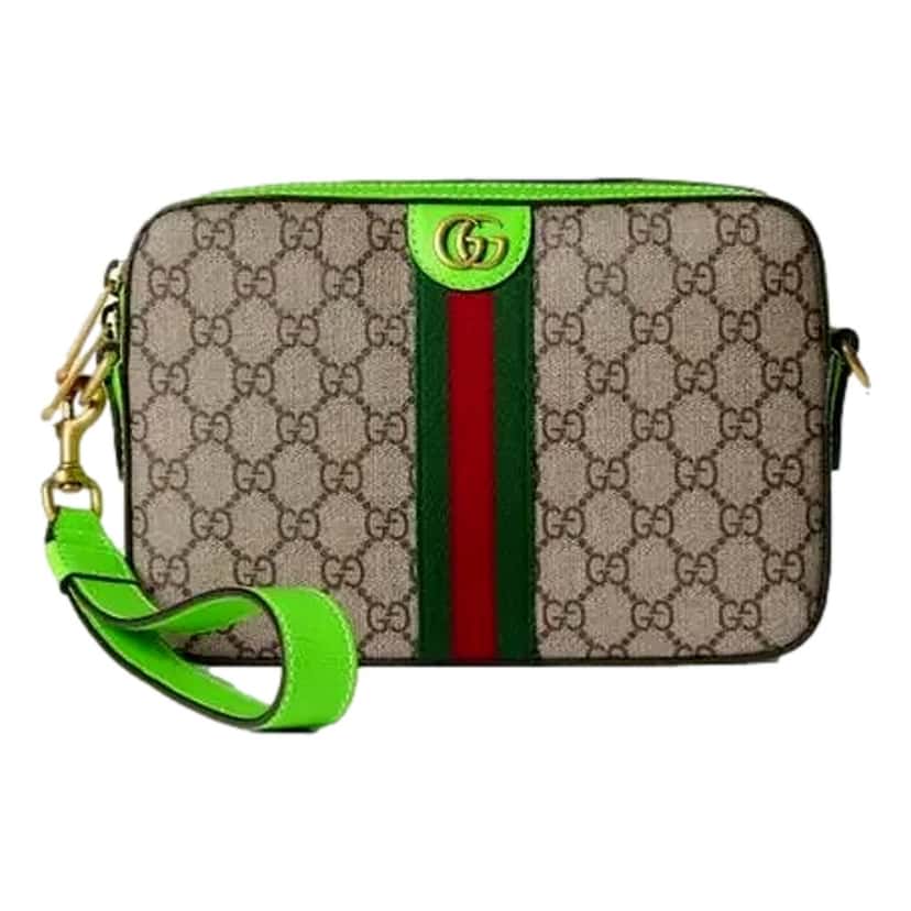 Gucci Gucci GG Supreme Canvas Ophidia Small Crossbody Web Stripe Neon Green Brown Leather Never worn - Front View
