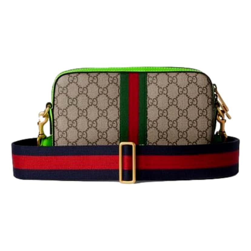 Gucci Gucci GG Supreme Canvas Ophidia Small Crossbody Web Stripe Neon Green Brown Leather Never worn - Back View