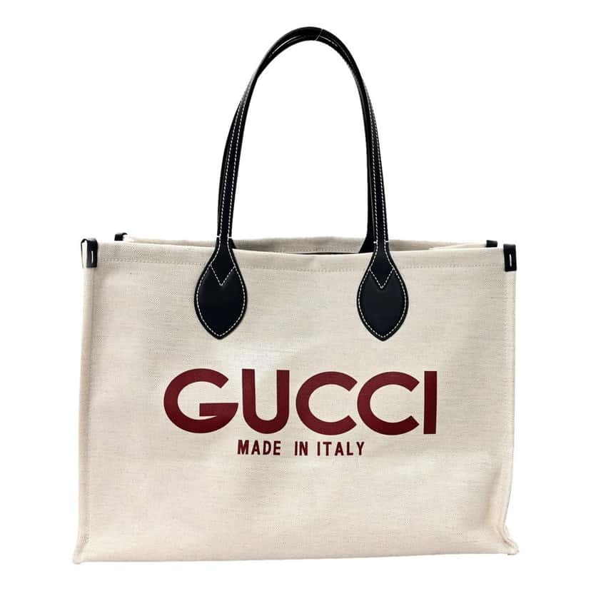Gucci Gucci Logo Print Large Tote Bag Beige GG Supreme Canvas Brown Leather Never worn - Front View