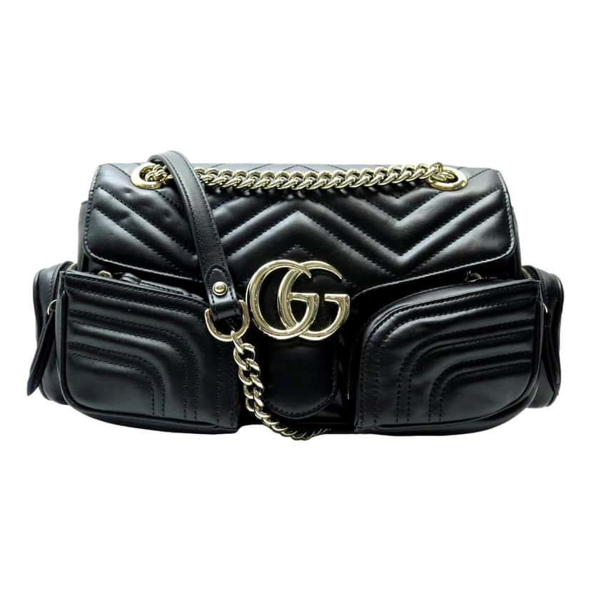 Gucci Gucci GG Marmont Dual Compartment Black Leather Shoulder Bag Gold Logo Black Leather Never worn - Front View