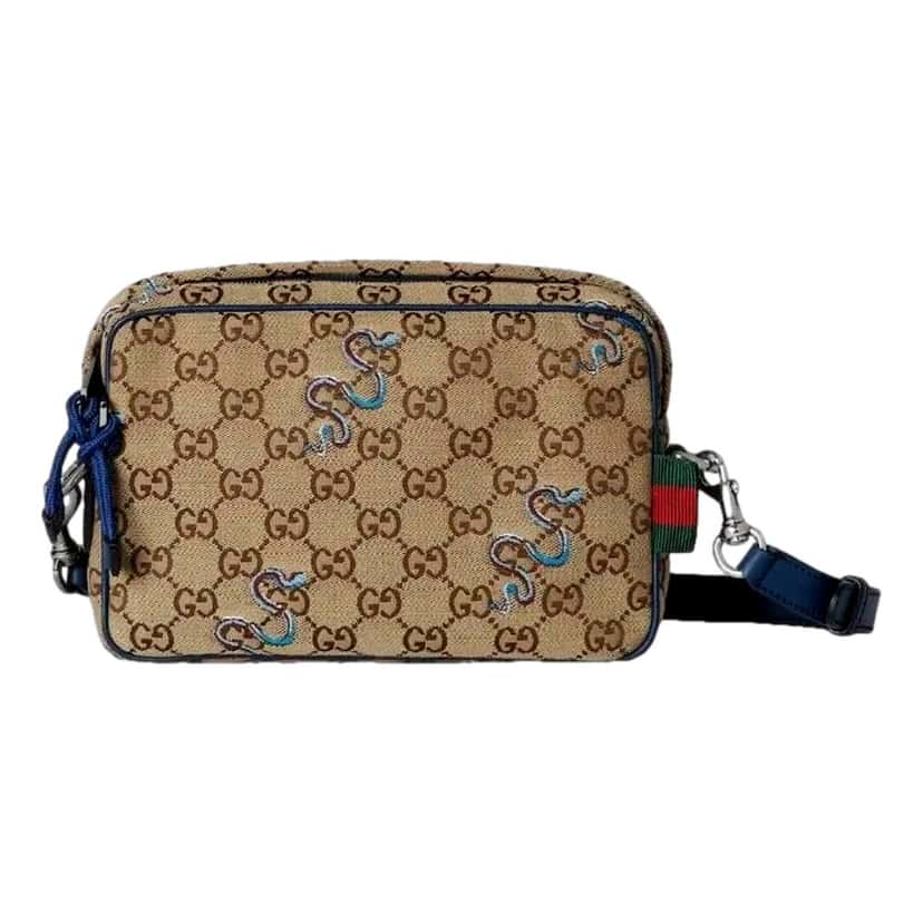 Gucci Gucci Snake Embroidered Beige Canvas Blue Trim Crossbody Bag Blue Leather Never worn - Back View