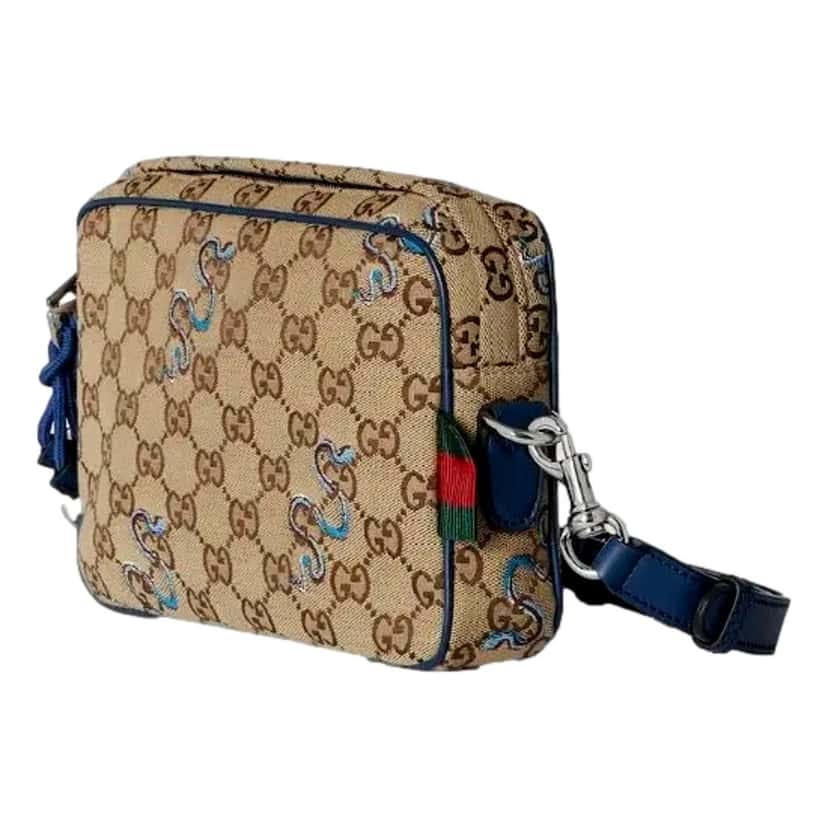 Gucci Gucci Snake Embroidered Beige Canvas Blue Trim Crossbody Bag Blue Leather Never worn - Inside View