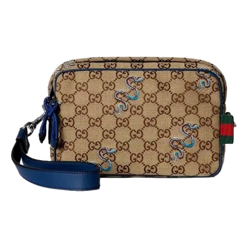 Gucci Gucci Snake Embroidered Beige Canvas Blue Trim Crossbody Bag Blue Leather Never worn - Model View