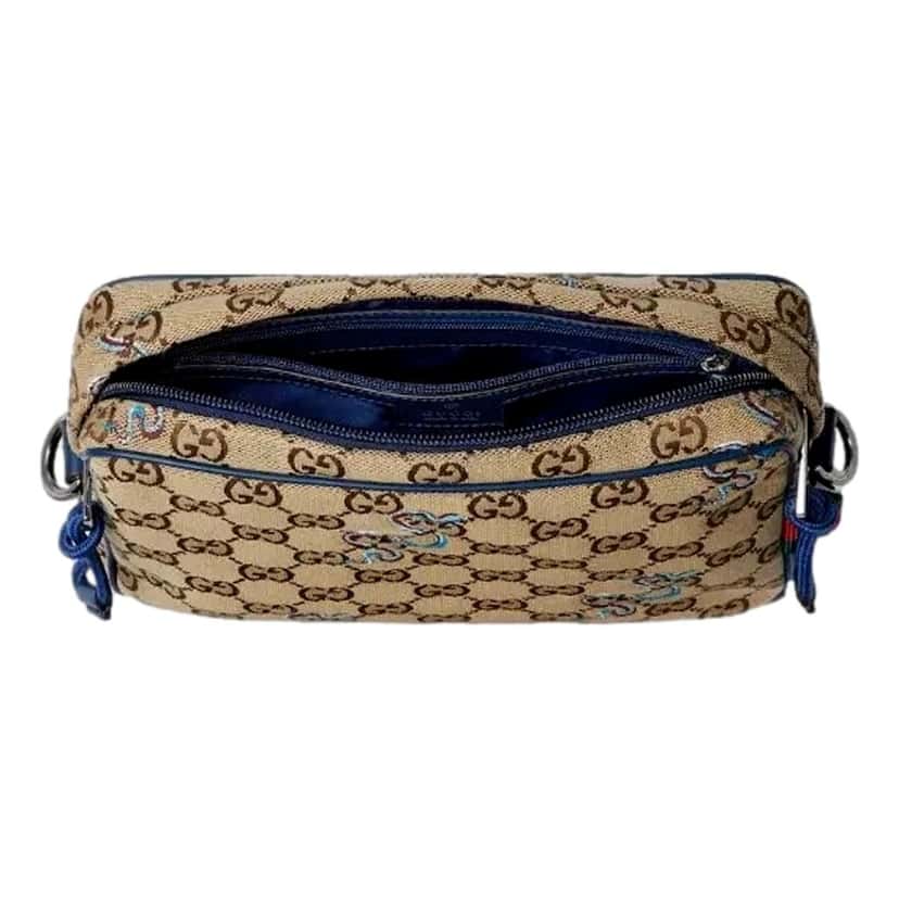 Gucci Gucci Snake Embroidered Beige Canvas Blue Trim Crossbody Bag Blue Leather Never worn - Box View