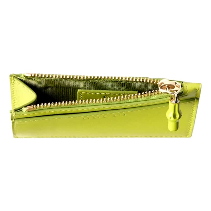 Gucci Gucci Bamboo Series Lime Green Leather Zipper Card Holder Wallet Green Leather Never worn - Model View