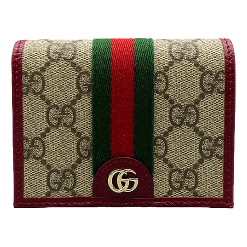 Gucci Gucci Ophidia Canvas Webstripe Burgundy Leather Bifold Snap Wallet Brown Leather Never worn - Front View