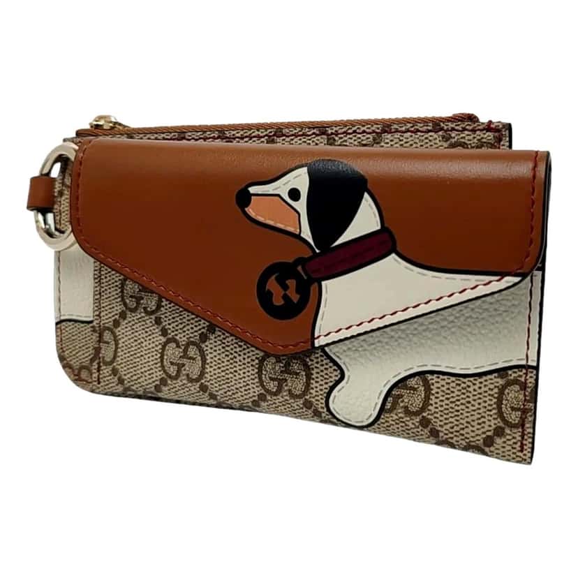 Gucci Gucci Dachshund GG Supreme Canvas Leather Brown Double Wallet Lanyard Brown Leather Never worn - Front View