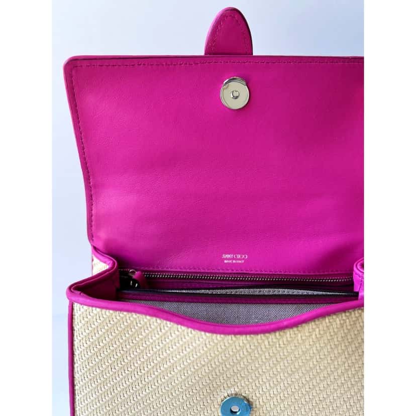 Jimmy Choo Jimmy Choo Cheri Crystal Medium Top Handle Bag Raffia Pink Leather Trim Pink Leather Never worn - Inside View