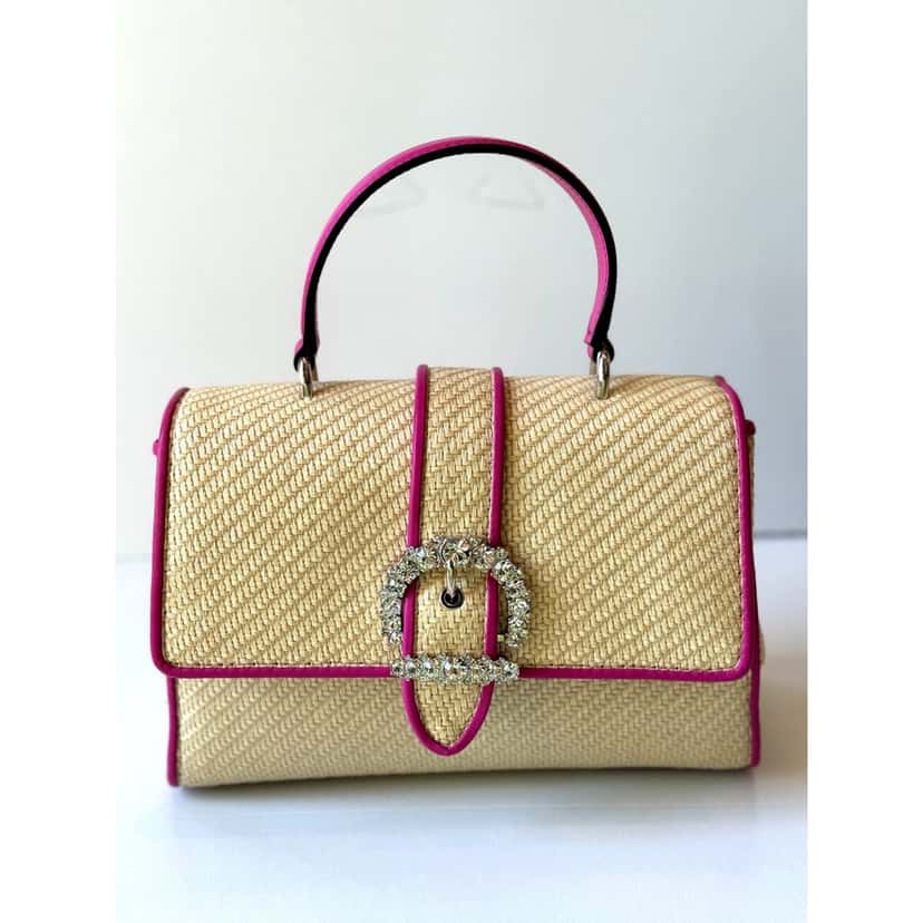 Jimmy Choo Jimmy Choo Cheri Crystal Medium Top Handle Bag Raffia Pink Leather Trim Pink Leather Never worn - Box View