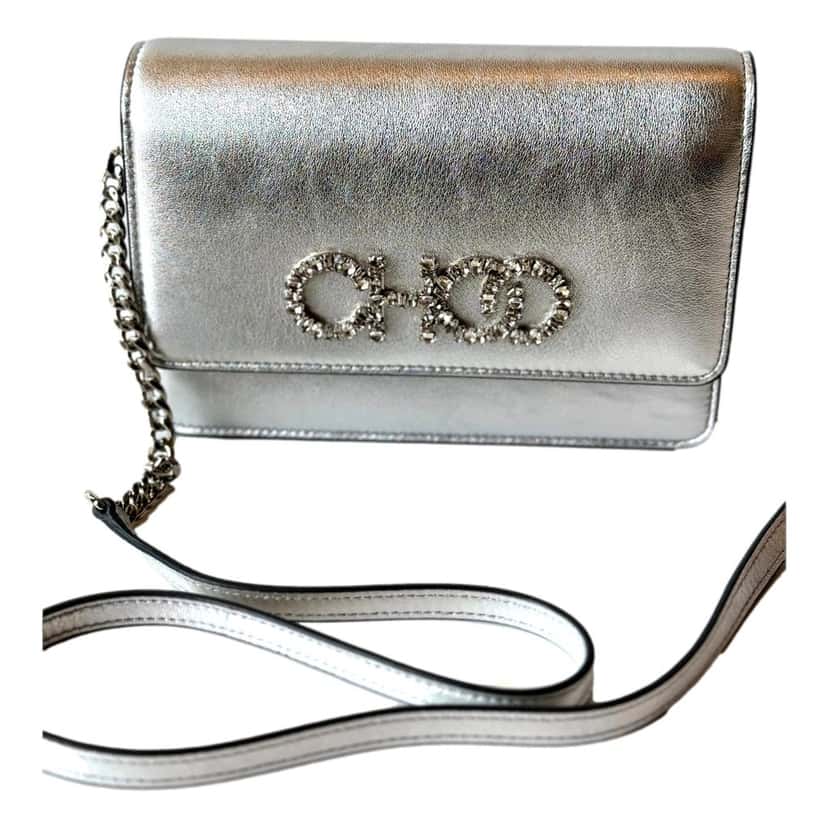 Jimmy Choo Jimmy Choo Kalina  Crossbody Clutch Bag Crystal Logo Metallic Silver Silver Leather Never worn - Back View