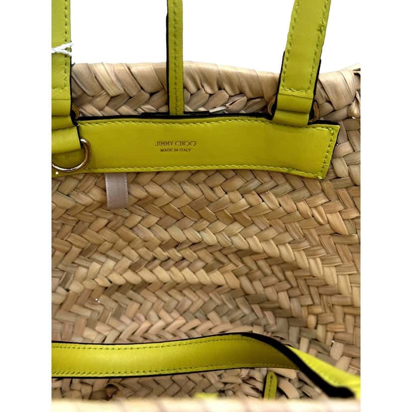 Jimmy Choo Jimmy Choo Logo Crossbody Tote Bag Natural Raffia Citron Yellow Trim Yellow Leather Never worn - Model View