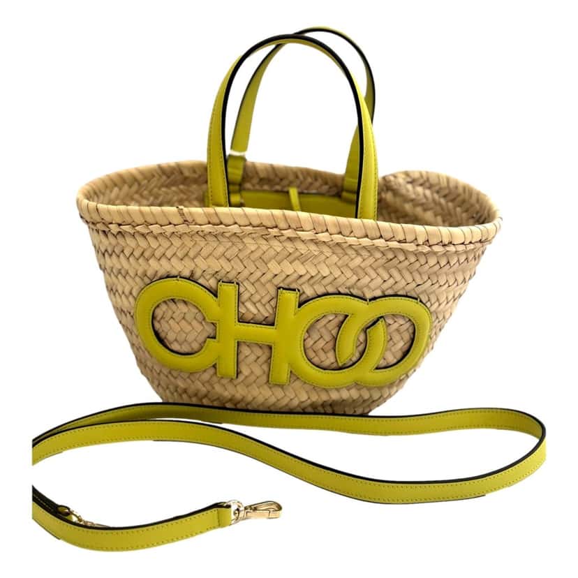 Jimmy Choo Jimmy Choo Logo Crossbody Tote Bag Natural Raffia Citron Yellow Trim Yellow Leather Never worn - Box View