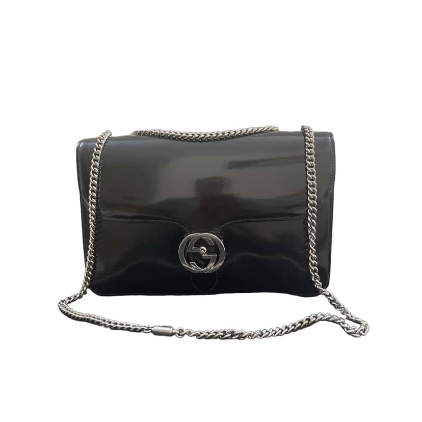 Gucci Patent Leather Interlocking Bag Black Leather Good condition - Front View