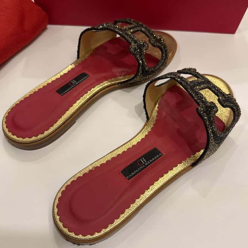 Carolina Herrera CH Crystal Slides Gold Leather Very good condition - Back View