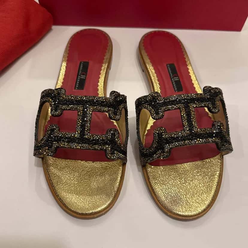 Carolina Herrera CH Crystal Slides Gold Leather Very good condition - Inside View