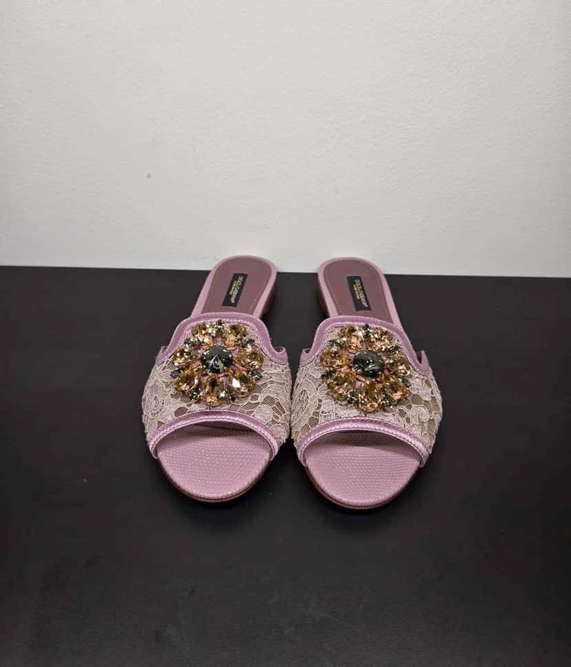 Dolce & Gabbana Lace rainbow sliders with brooch Pink Leather Never worn, with tag - Back View