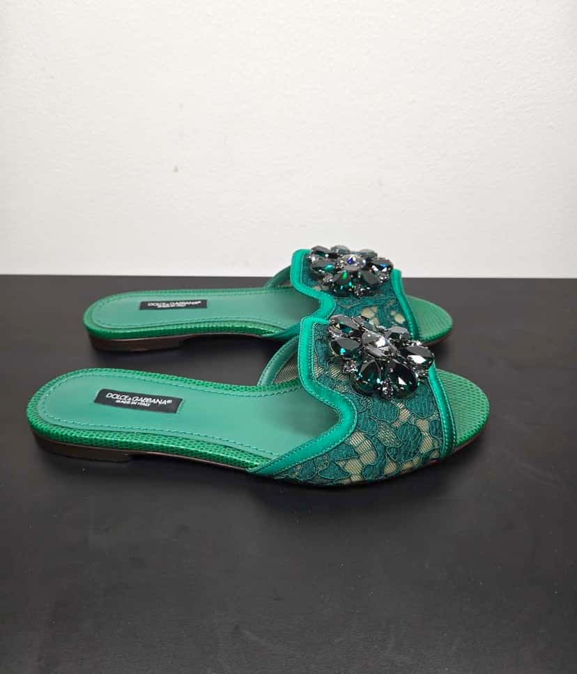 Dolce & Gabbana Lace rainbow sliders with brooch Green Leather Very good condition - Model View