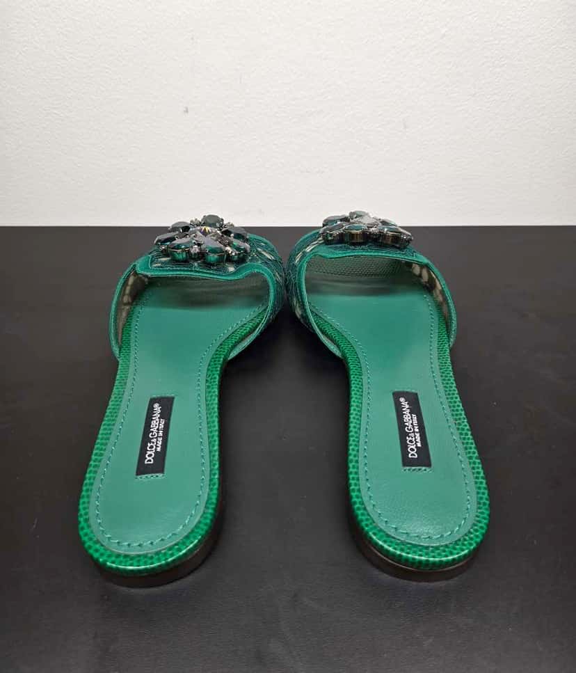 Dolce & Gabbana Lace rainbow sliders with brooch Green Leather Very good condition - Box View