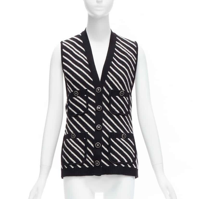 Chanel Striped Pocket Vest Black Cashmere Never worn - Front View