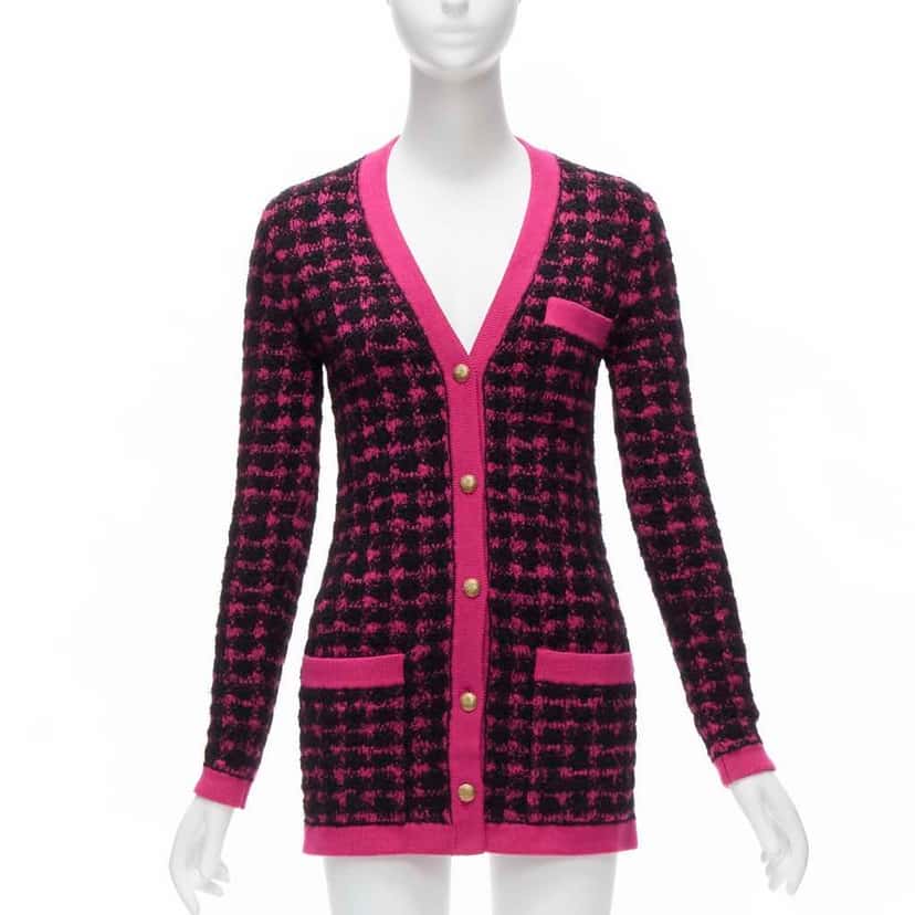 Saint Laurent Houndstooth Cardigan Pink Wool Never worn - Front View