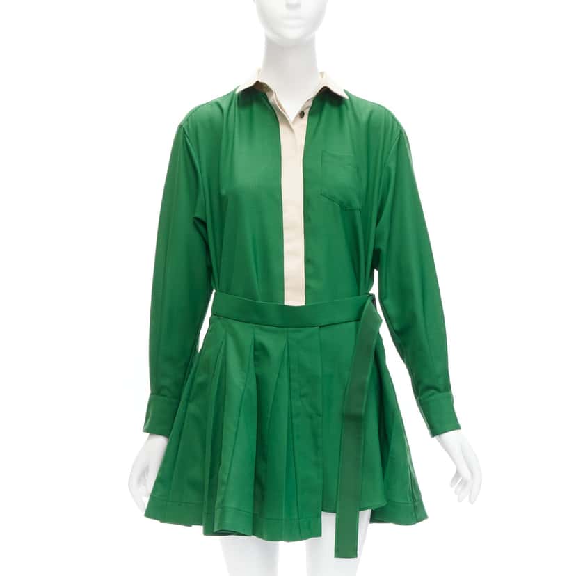Sacai Satin Pleated Dress Green Polyester Never worn - Front View