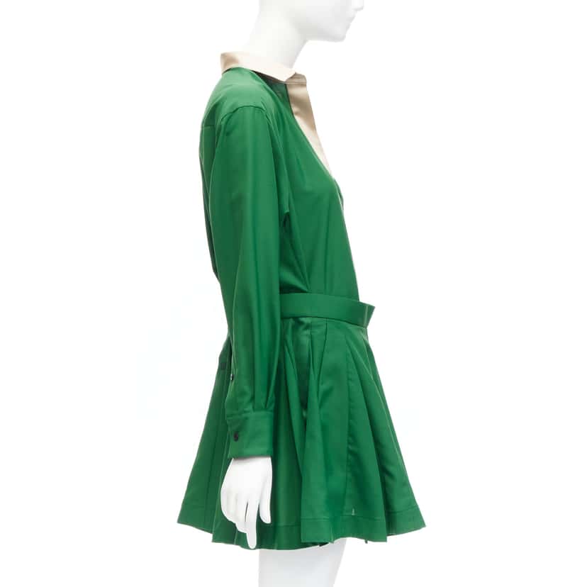 Sacai Satin Pleated Dress Green Polyester Never worn - Model View