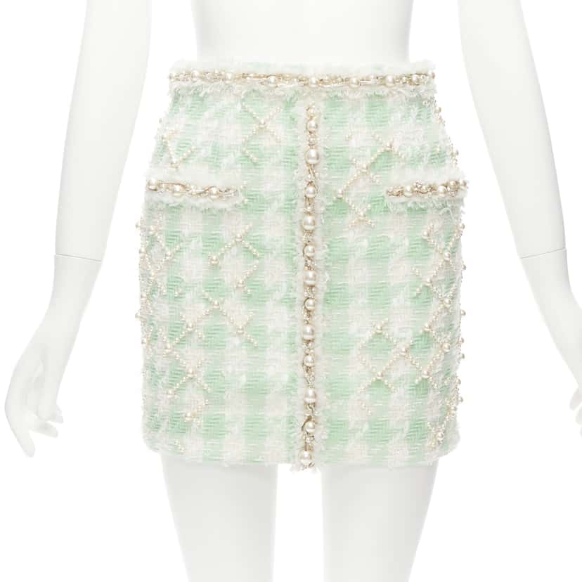 Balmain Tweed Pearl Skirt Green Polyamide Never worn - Front View