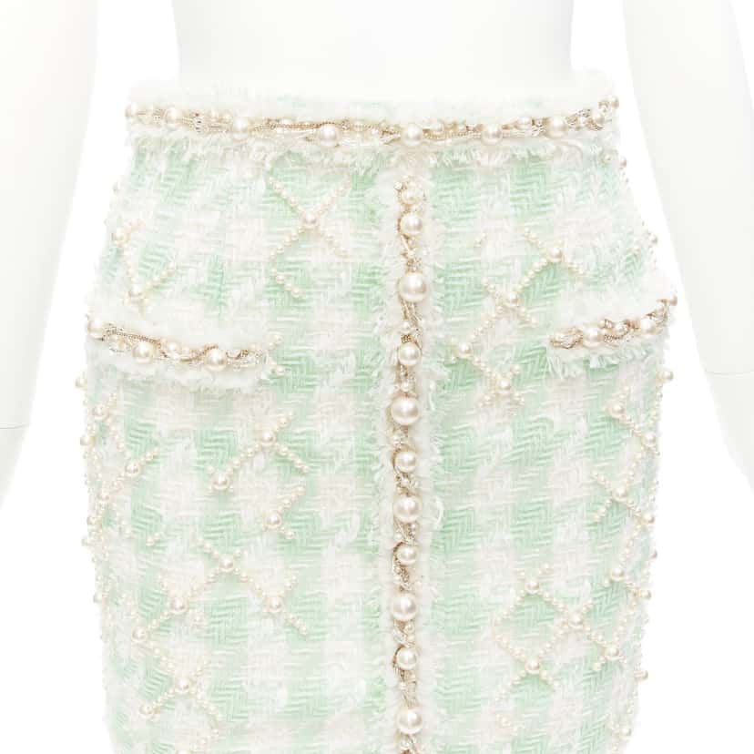 Balmain Tweed Pearl Skirt Green Polyamide Never worn - Back View