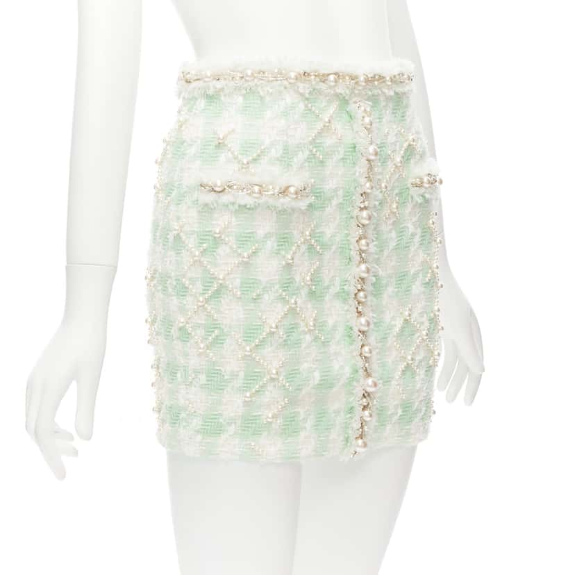 Balmain Tweed Pearl Skirt Green Polyamide Never worn - Inside View