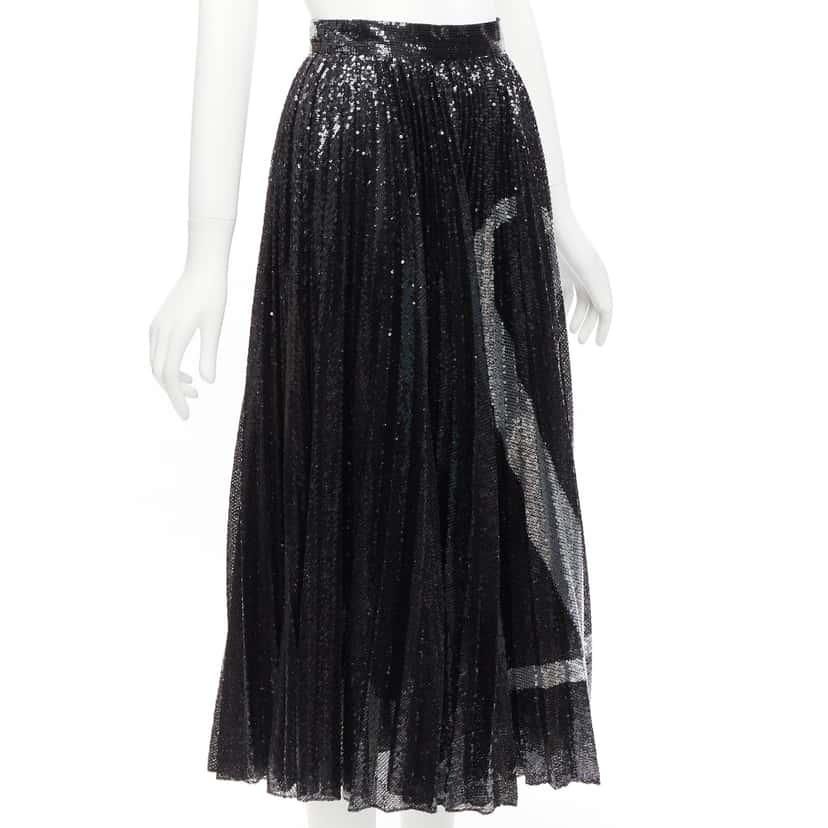 Valentino Garavani Sequins Plisse Skirt Black Polyester Never worn - Inside View