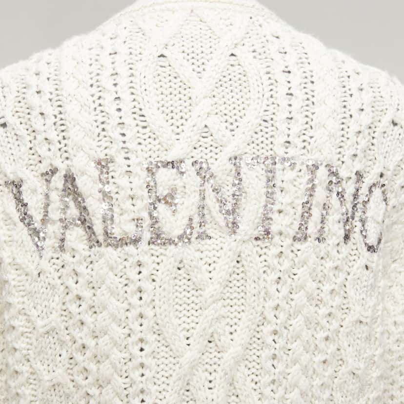 Valentino Garavani Sequin Logo Cardigan Beige Wool Never worn - Back View