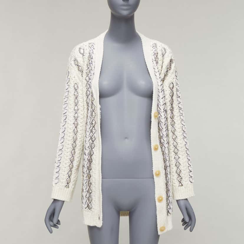 Valentino Garavani Sequin Logo Cardigan Beige Wool Never worn - Inside View