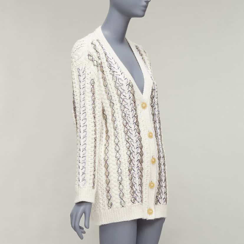 Valentino Garavani Sequin Logo Cardigan Beige Wool Never worn - Model View