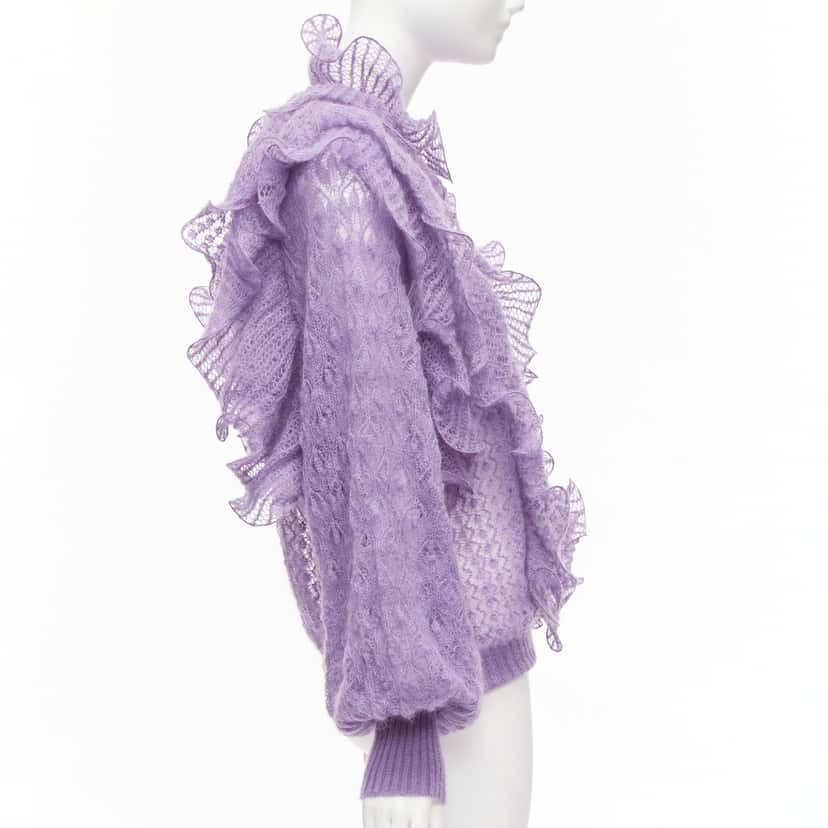 Alberta Ferretti Ruffle Knit Sweater Purple Wool Never worn - Model View