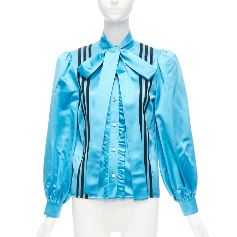 Gucci 3 Stripe Blouse Blue Silk Very good condition - Front View