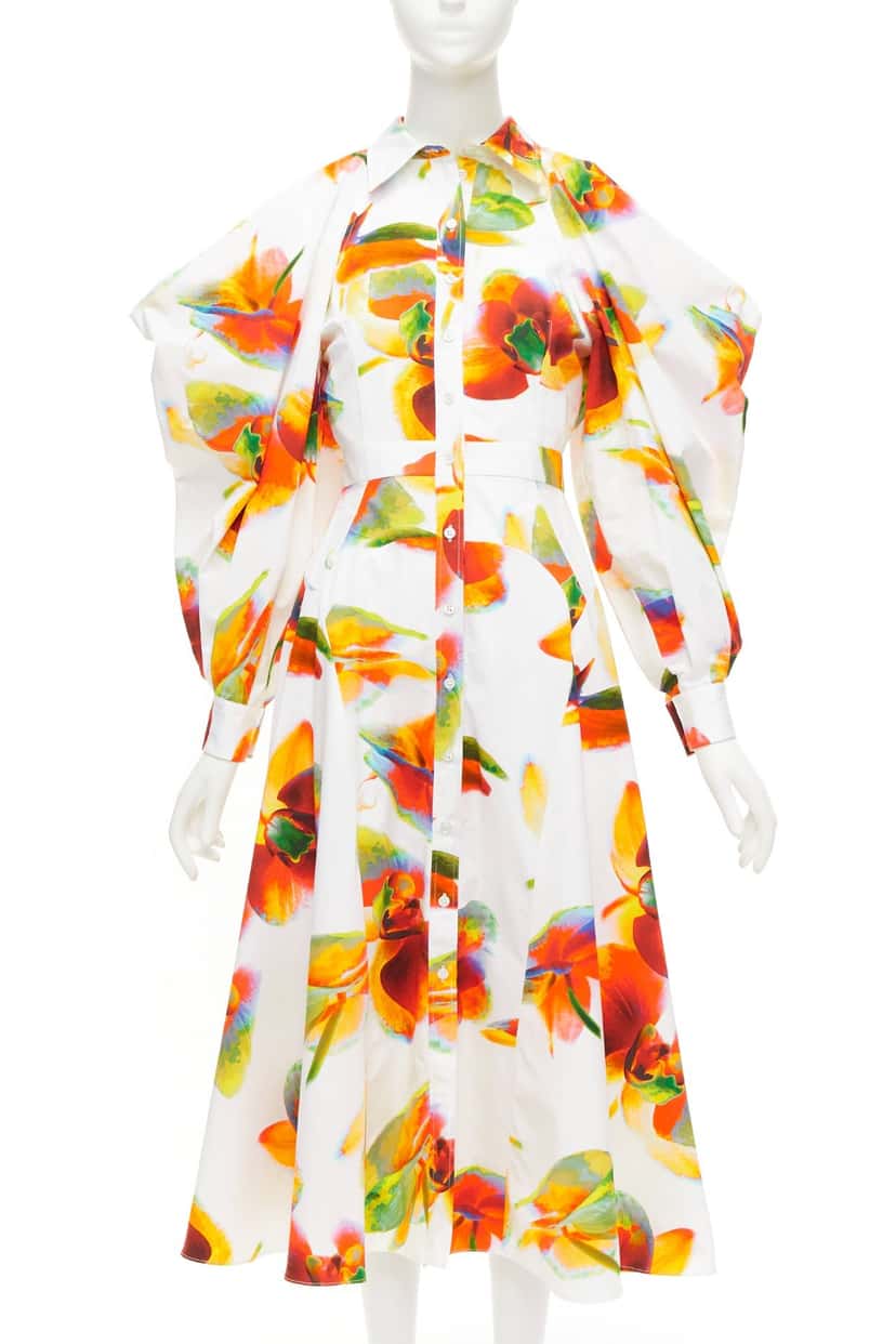 Alexander McQueen Orchid Shoulder Dress White Cotton Never worn - Front View