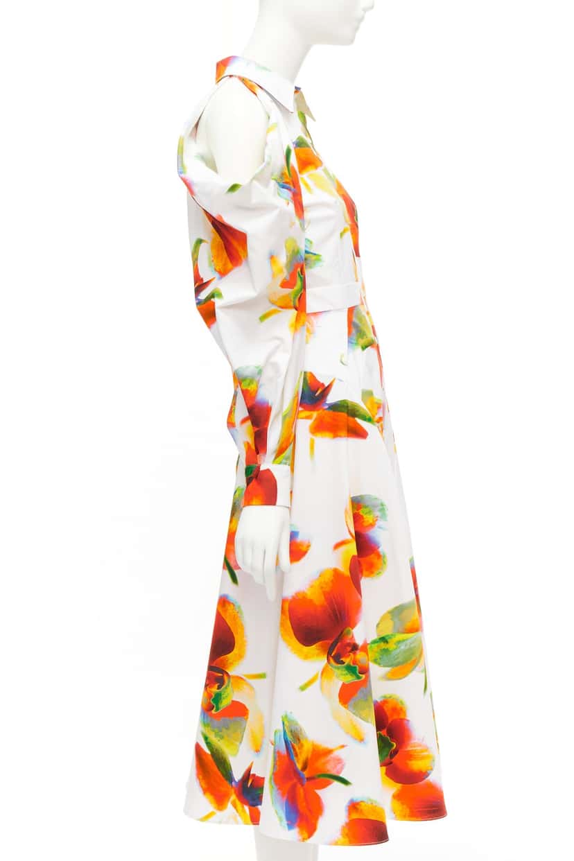 Alexander McQueen Orchid Shoulder Dress White Cotton Never worn - Model View