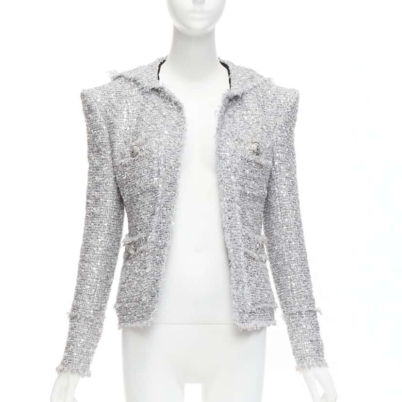 Balmain Silver Metallic Boucle Jacket Silver Polyester Never worn - Front View