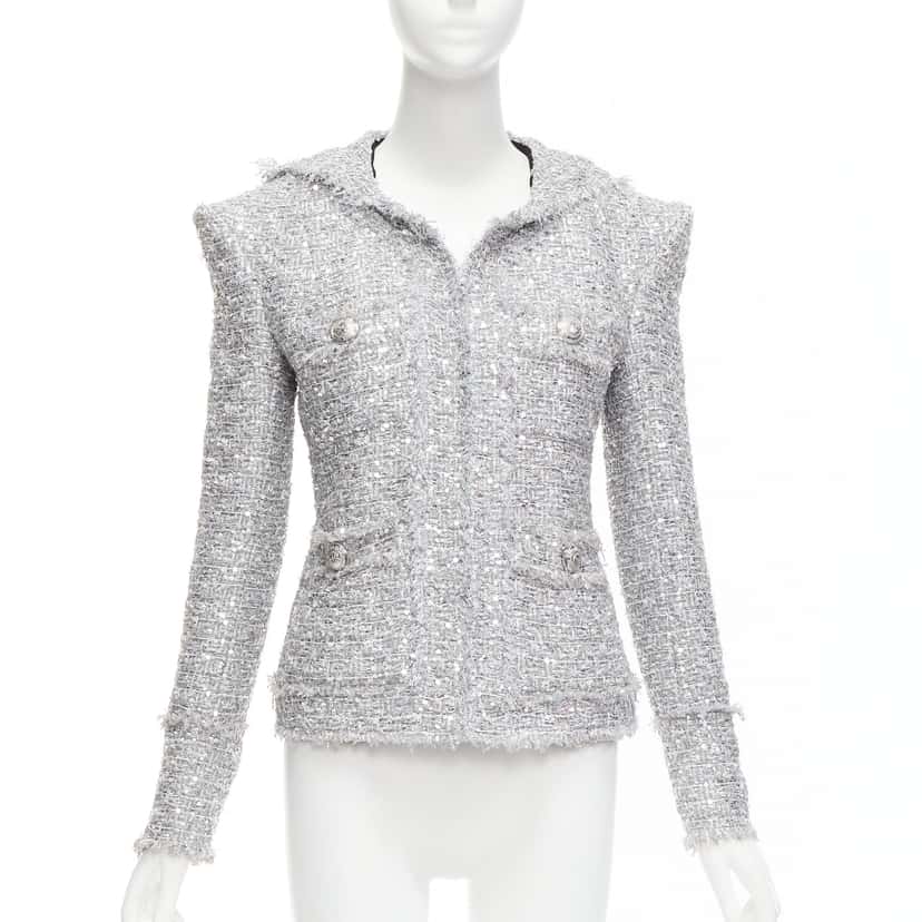 Balmain Silver Metallic Boucle Jacket Silver Polyester Never worn - Inside View