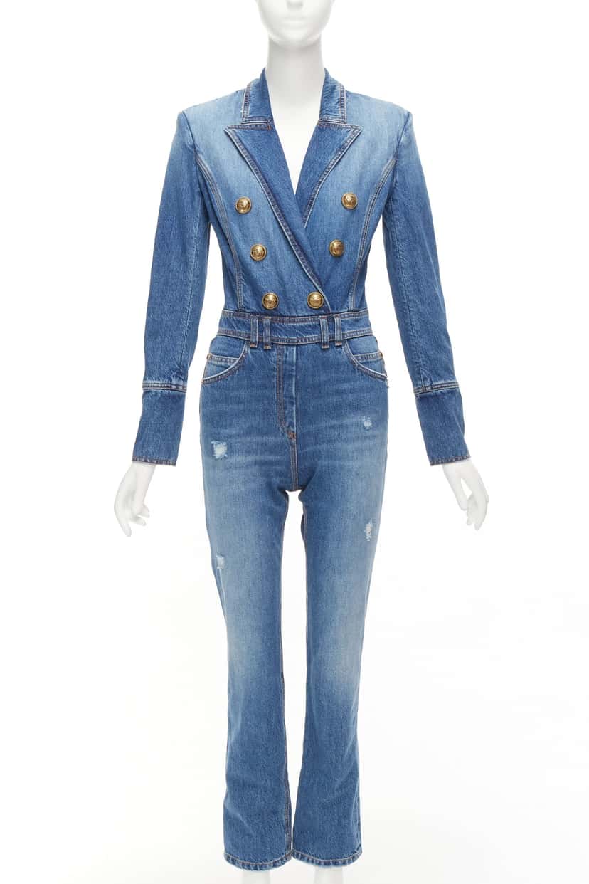 Balmain Distressed Denim Jumpsuit Blue Polyester Never worn - Front View