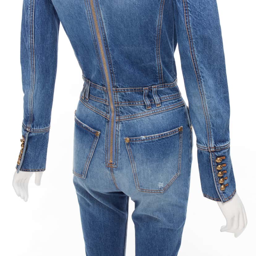 Balmain Distressed Denim Jumpsuit Blue Polyester Never worn - Back View